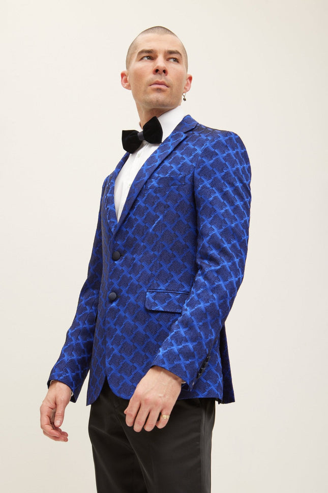 Men's Jacquard Notch Lapel Dinner Jacket - Striking Electric Blue | Ron Tomson