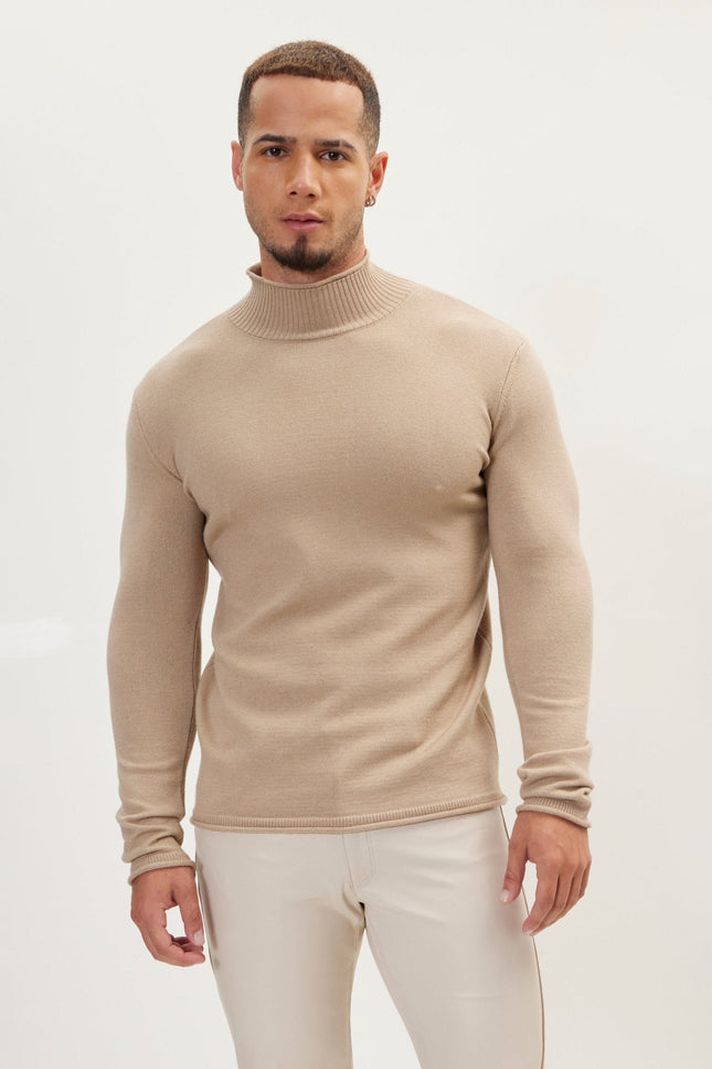 Men's Muscle Fit Mock-Neck Sweater - Stone | Ron Tomson
