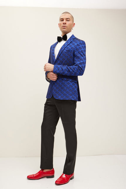 Men's Jacquard Notch Lapel Dinner Jacket - Striking Electric Blue | Ron Tomson
