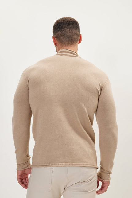 Men's Muscle Fit Mock-Neck Sweater - Stone | Ron Tomson