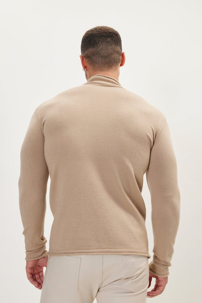 Men's Muscle Fit Mock-Neck Sweater - Stone | Ron Tomson