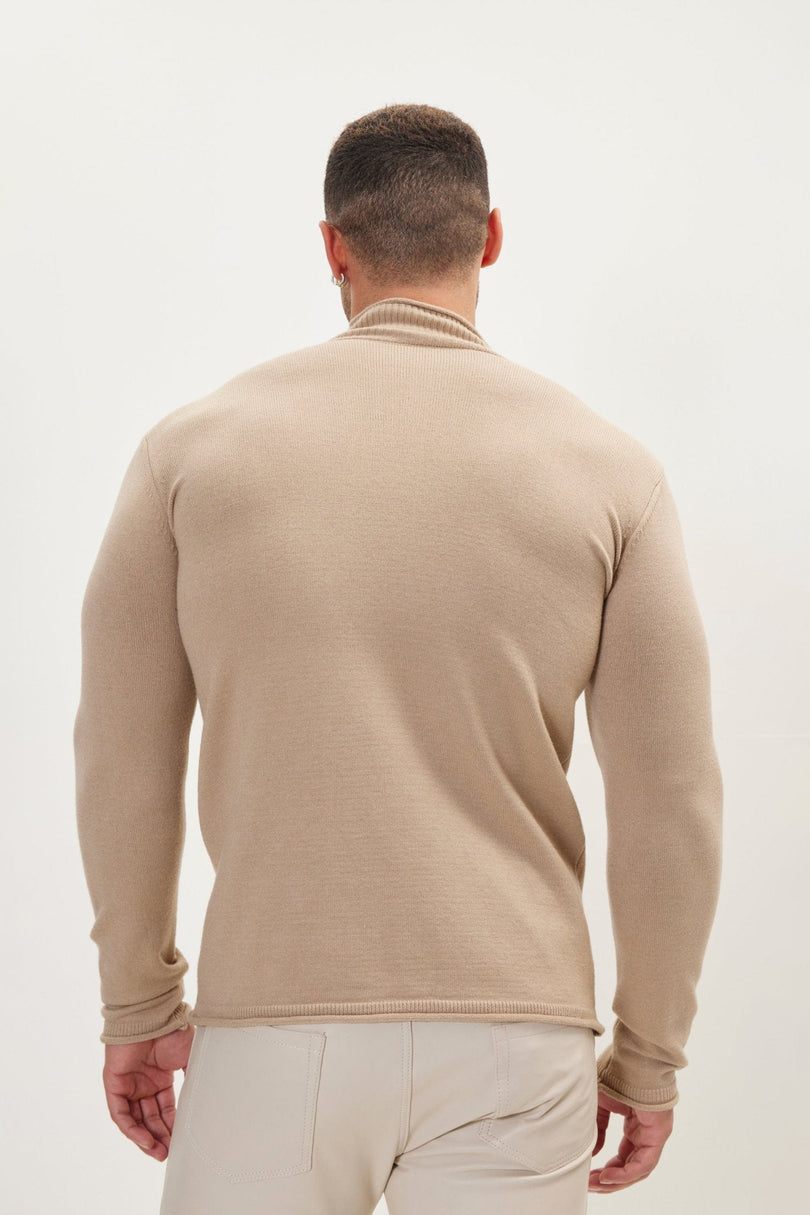 Men's Muscle Fit Mock-Neck Sweater - Stone | Ron Tomson