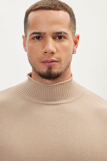Men's Muscle Fit Mock-Neck Sweater - Stone | Ron Tomson