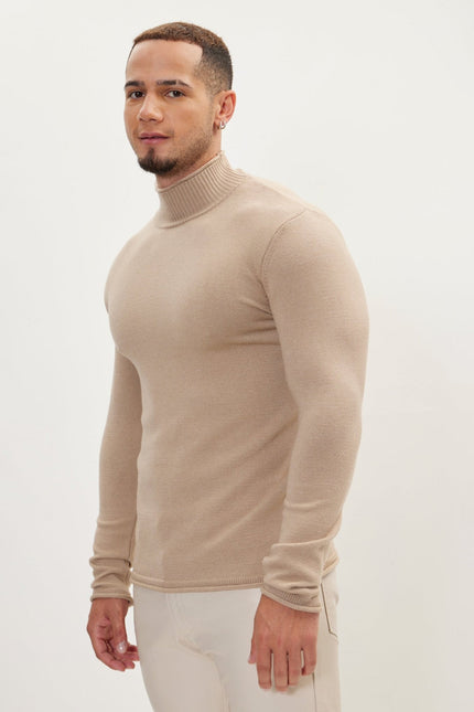 Men's Muscle Fit Mock-Neck Sweater - Stone | Ron Tomson