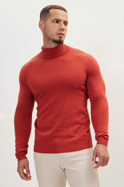 Men's Roll Neck Knit Sweater - Brick | Ron Tomson