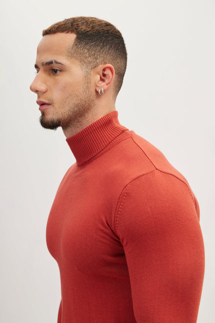 Men's Roll Neck Knit Sweater - Brick | Ron Tomson