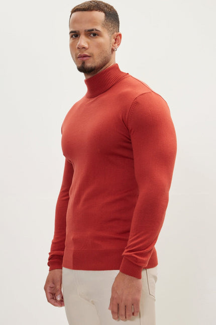 Men's Roll Neck Knit Sweater - Brick | Ron Tomson