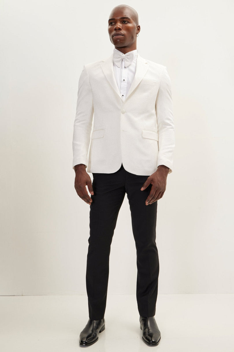 Men's Jacquard Notch Lapel Dinner Jacket - White | Ron Tomson