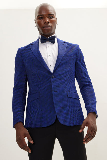 Men's Jacquard Notch Lapel Dinner Jacket - Jacquard Electric Blue | Ron Tomson