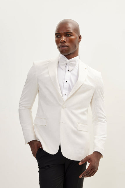 Men's Jacquard Notch Lapel Dinner Jacket - White | Ron Tomson