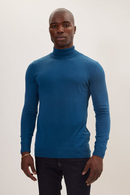 Men's Roll Neck Knit Sweater - Indigo | Ron Tomson