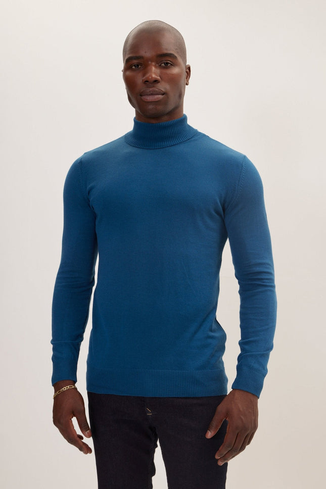 Men's Roll Neck Knit Sweater - Indigo | Ron Tomson