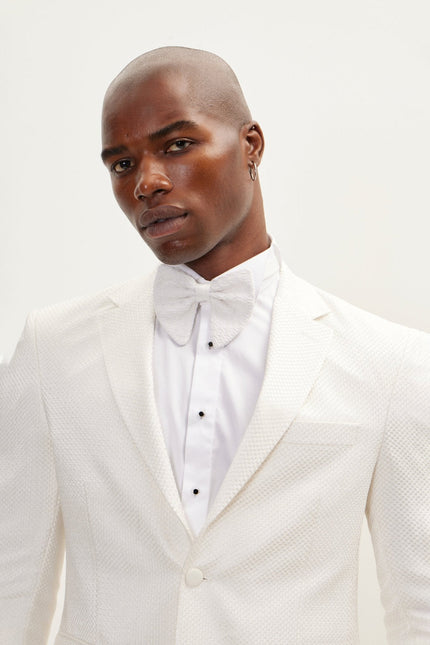 Men's Jacquard Notch Lapel Dinner Jacket - White | Ron Tomson