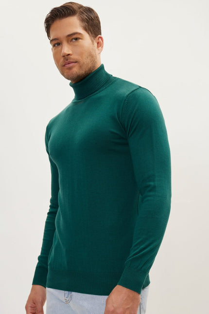 Men's Roll Neck Knit Sweater - Green | Ron Tomson