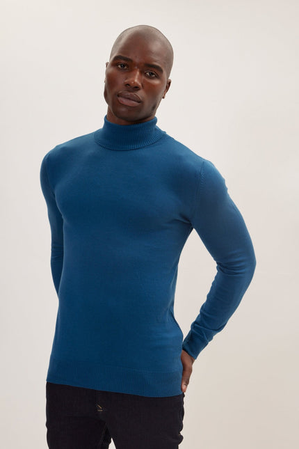 Men's Roll Neck Knit Sweater - Indigo | Ron Tomson
