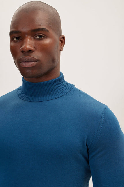 Men's Roll Neck Knit Sweater - Indigo | Ron Tomson