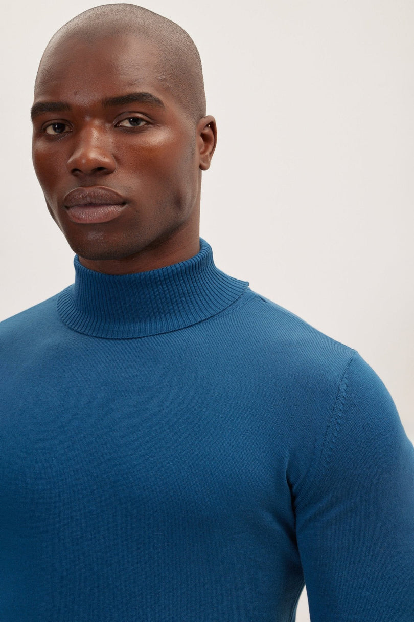 Men's Roll Neck Knit Sweater - Indigo | Ron Tomson
