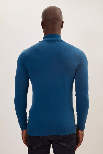 Men's Roll Neck Knit Sweater - Indigo | Ron Tomson