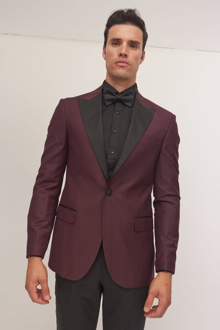 Men's Peak Lapel Tuxedo Jacket - Burgundy | Ron Tomson