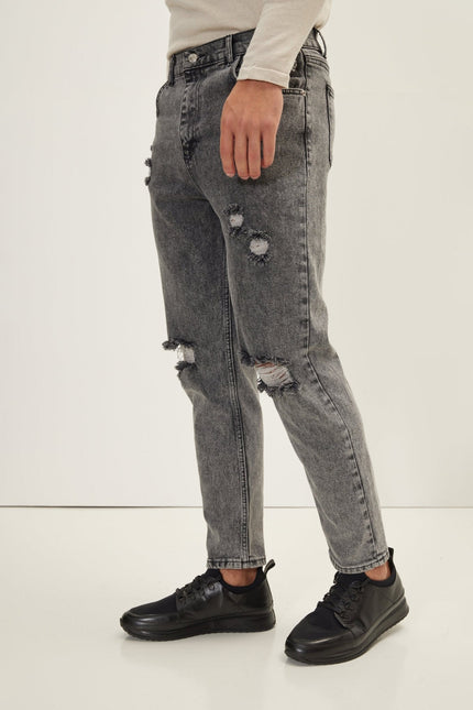 Men's Distressed Straight Leg Denim Jean - Faded Black | Ron Tomson
