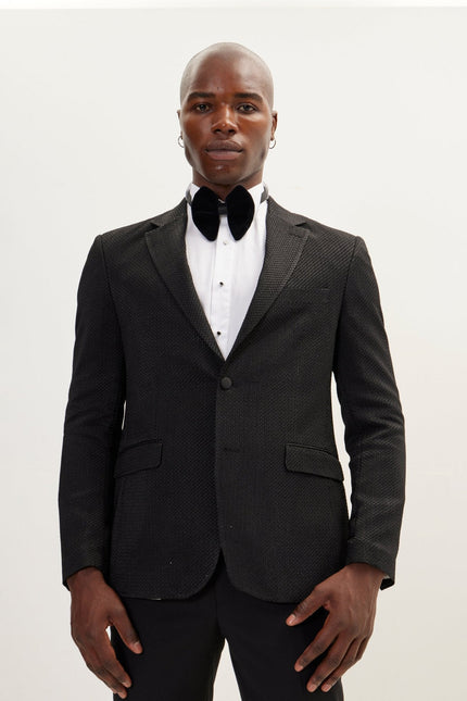 Men's Jacquard Notch Lapel Dinner Jacket - Black | Ron Tomson