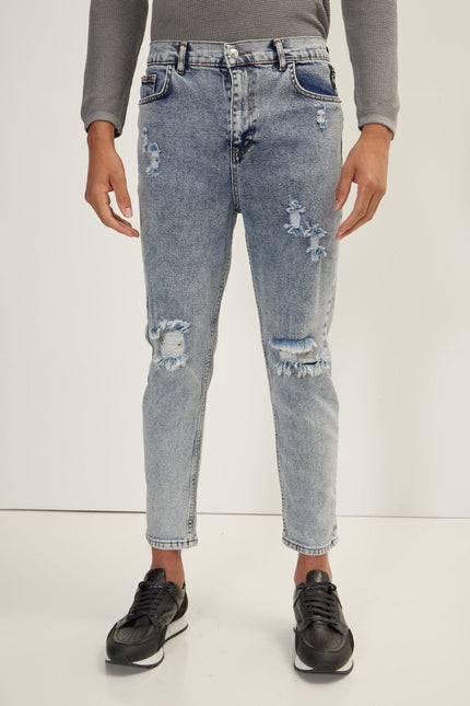 Men's Straight Leg Distressed Jean - Ice Blue | Ron Tomson