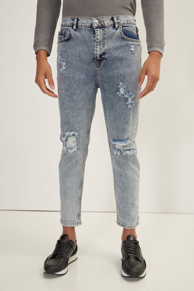 Men's Straight Leg Distressed Jean - Ice Blue | Ron Tomson