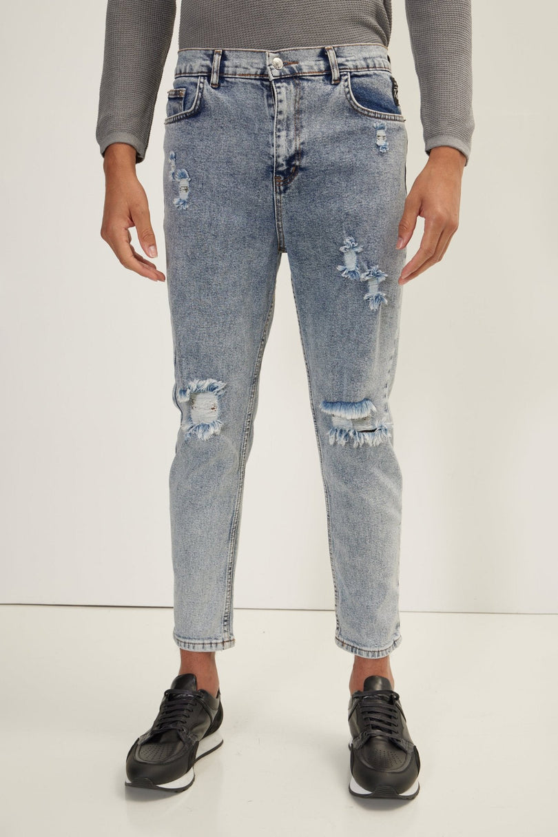 Men's Straight Leg Distressed Jean - Ice Blue | Ron Tomson