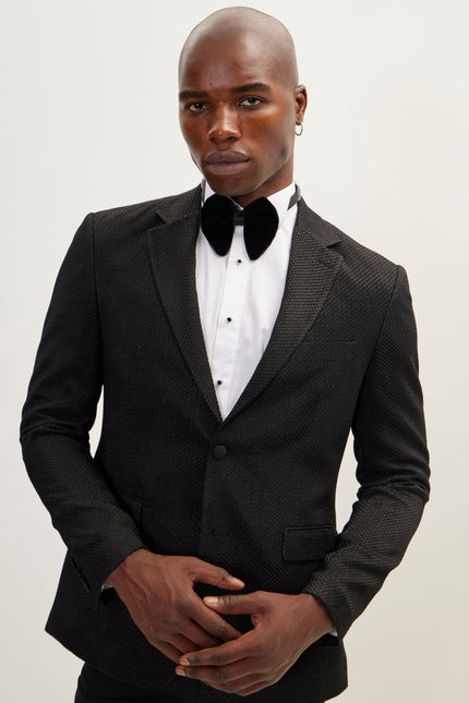 Men's Jacquard Notch Lapel Dinner Jacket - Black | Ron Tomson