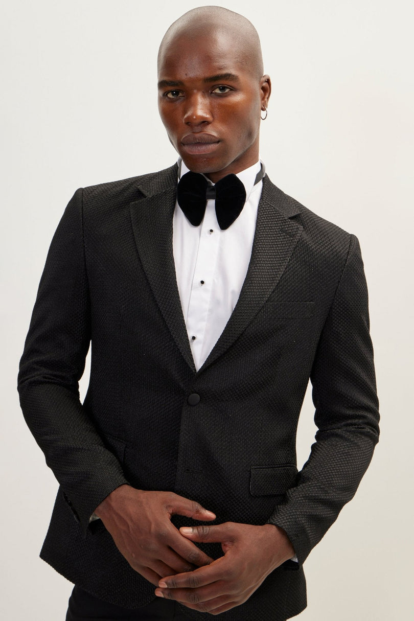 Men's Jacquard Notch Lapel Dinner Jacket - Black | Ron Tomson