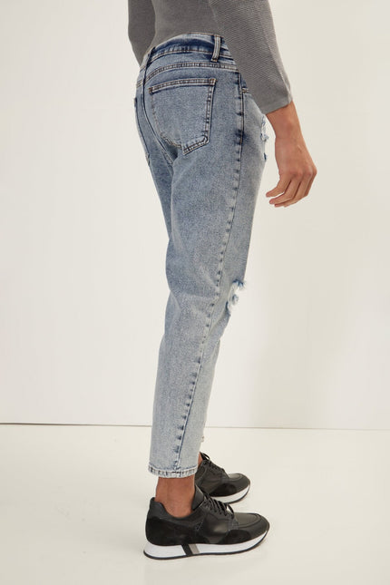 Men's Straight Leg Distressed Jean - Ice Blue | Ron Tomson
