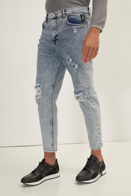 Men's Straight Leg Distressed Jean - Ice Blue | Ron Tomson
