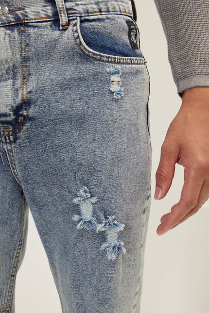 Men's Straight Leg Distressed Jean - Ice Blue | Ron Tomson