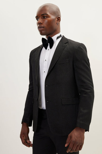 Men's Jacquard Notch Lapel Dinner Jacket - Black | Ron Tomson