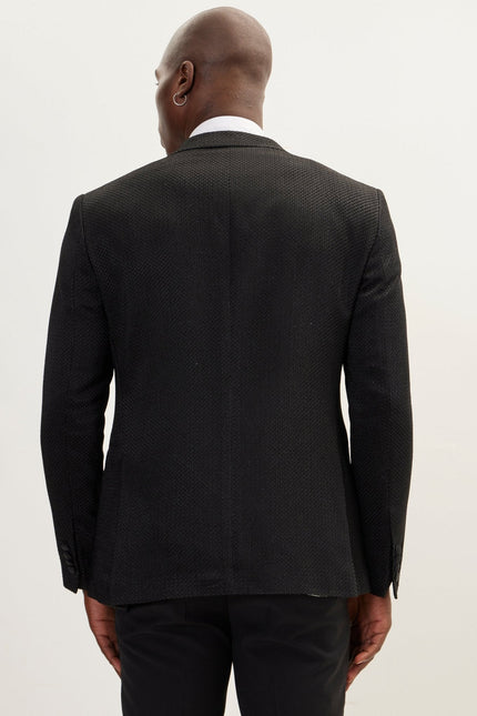 Men's Jacquard Notch Lapel Dinner Jacket - Black | Ron Tomson