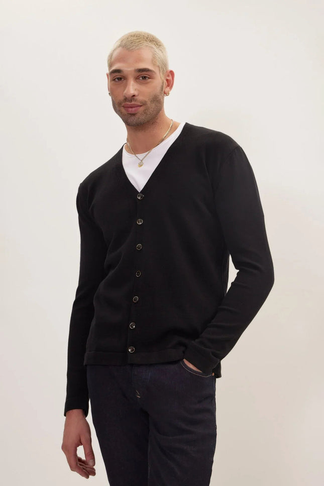 Men's V-Neck Cardigan - Black | Ron Tomson