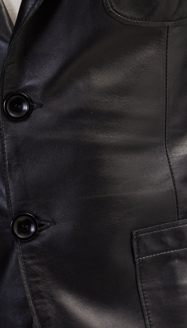 Classic Two-Button Leather Blazer - Black