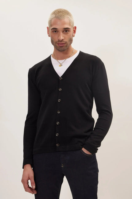Men's V-Neck Cardigan - Black | Ron Tomson