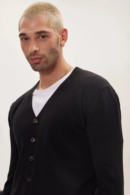 Men's V-Neck Cardigan - Black | Ron Tomson