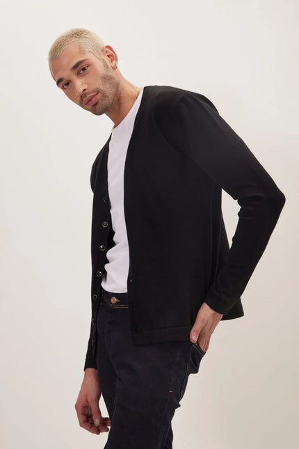 Men's V-Neck Cardigan - Black | Ron Tomson