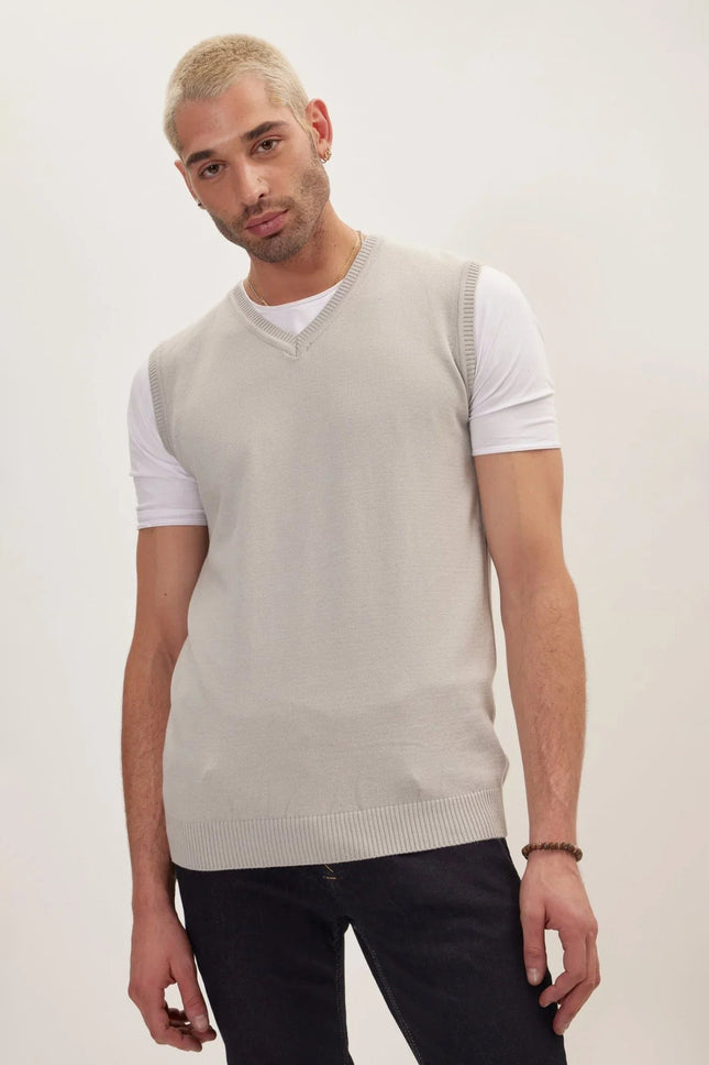 Men's Tailored V-Neck Knitted Vest - Grey | Ron Tomson