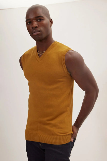 Men's V-Neck Knitted Vest - Mustard | Ron Tomson
