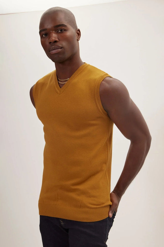 Men's V-Neck Knitted Vest - Mustard | Ron Tomson