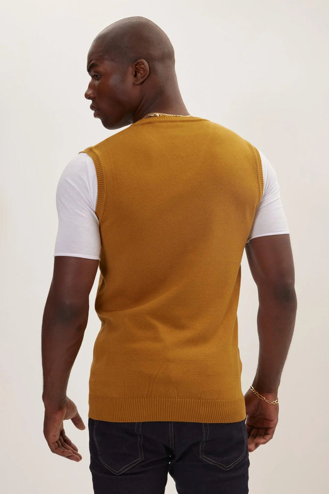 Men's V-Neck Knitted Vest - Mustard | Ron Tomson