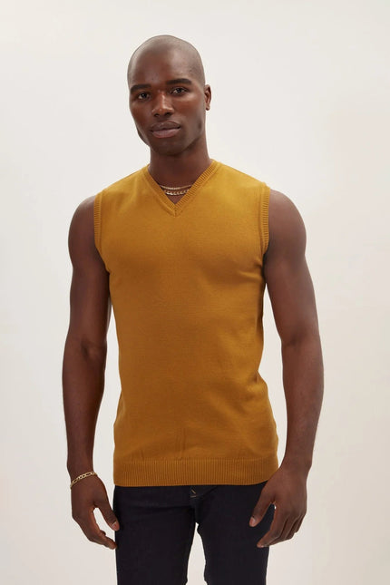 Men's V-Neck Knitted Vest - Mustard | Ron Tomson