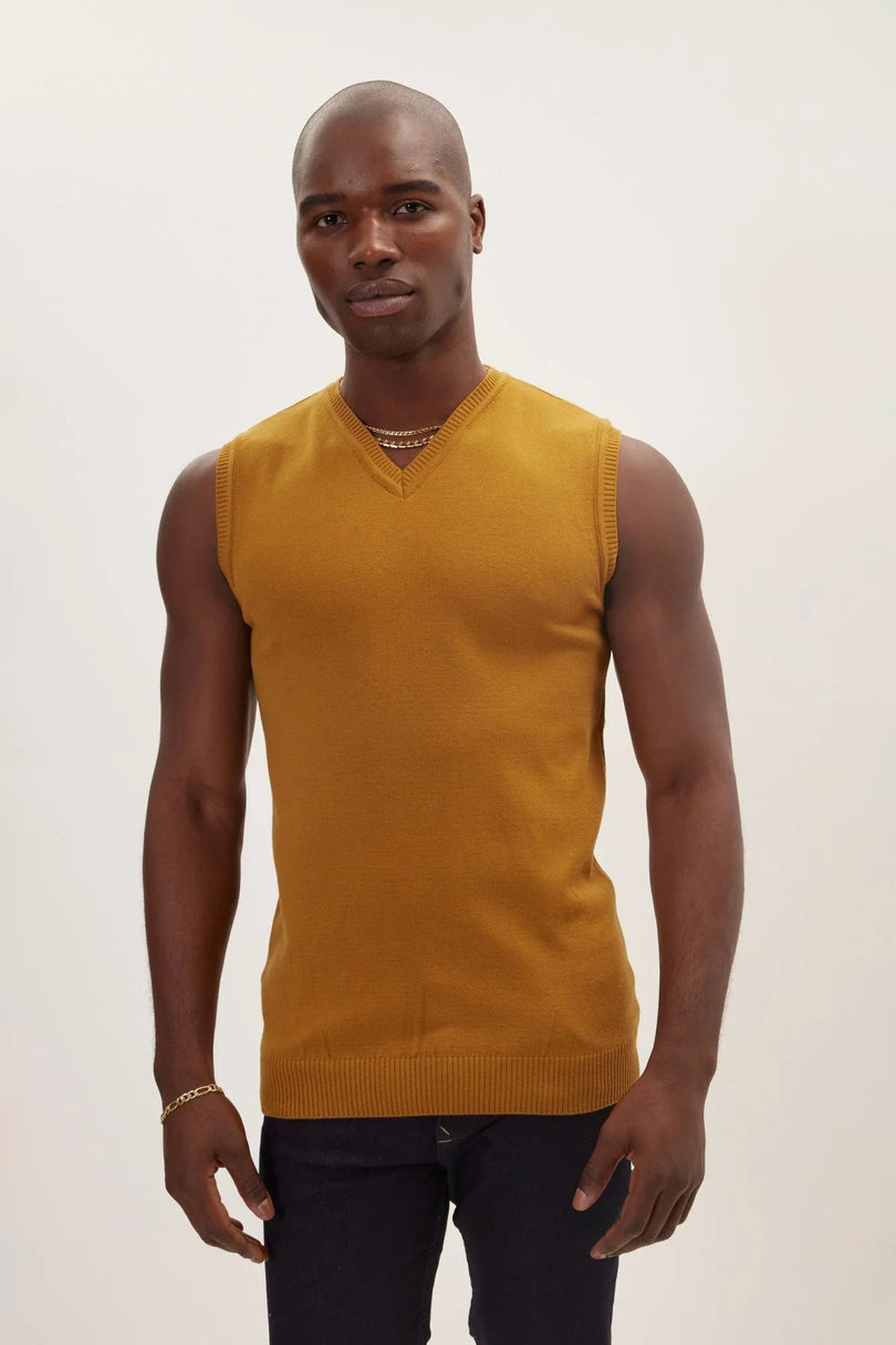 Men's V-Neck Knitted Vest - Mustard | Ron Tomson