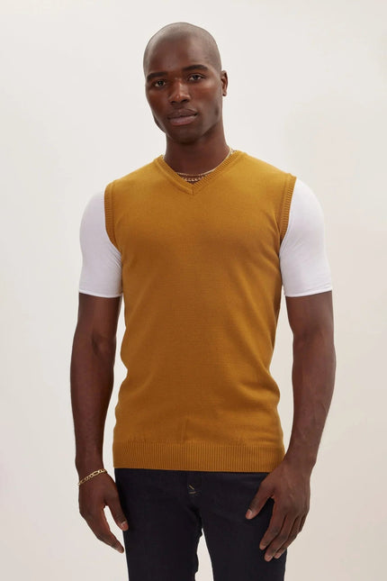 Men's V-Neck Knitted Vest - Mustard | Ron Tomson