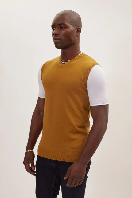 Men's V-Neck Knitted Vest - Mustard | Ron Tomson