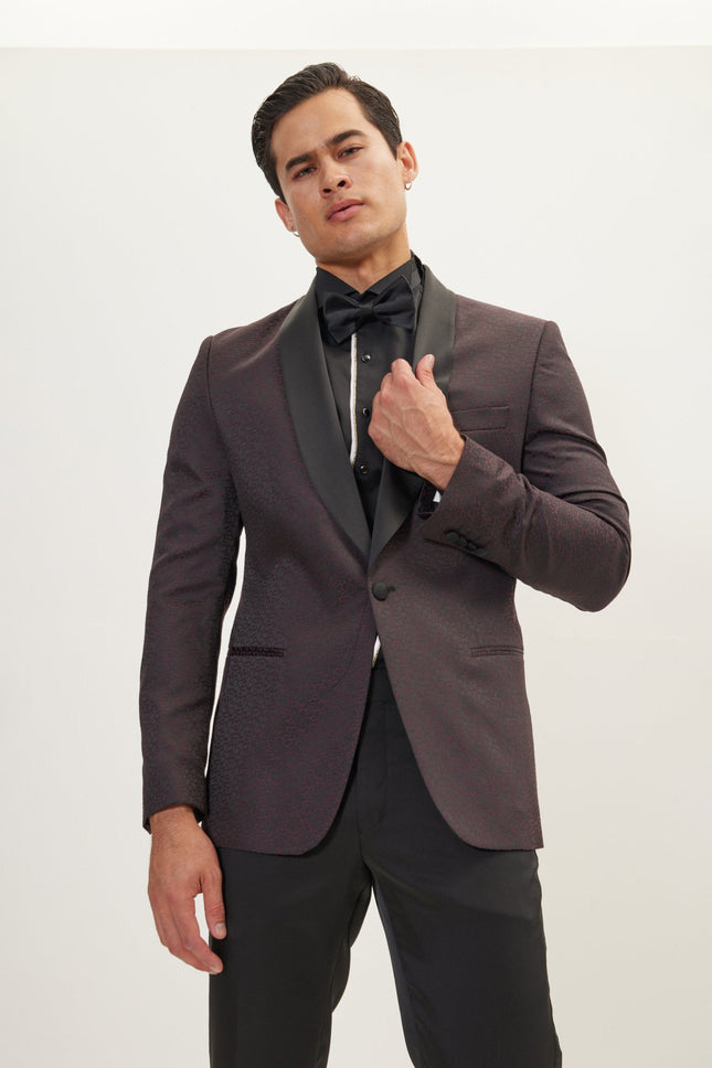 Men's Contrast Shawl Lapel Tuxedo Jacket - Black Burgundy | Ron Tomson