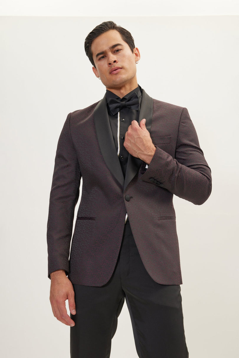 Men's Contrast Shawl Lapel Tuxedo Jacket - Black Burgundy | Ron Tomson